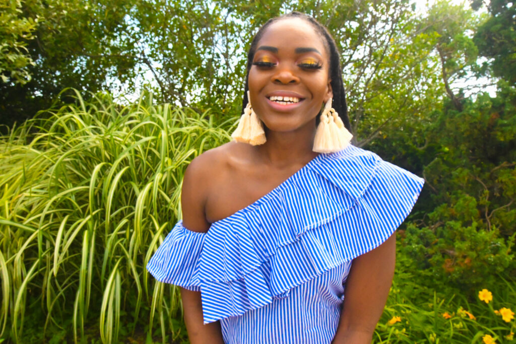 Befitting Style - Oyinkan Wearing Blue Stripe Dress - White Marvel Earrings