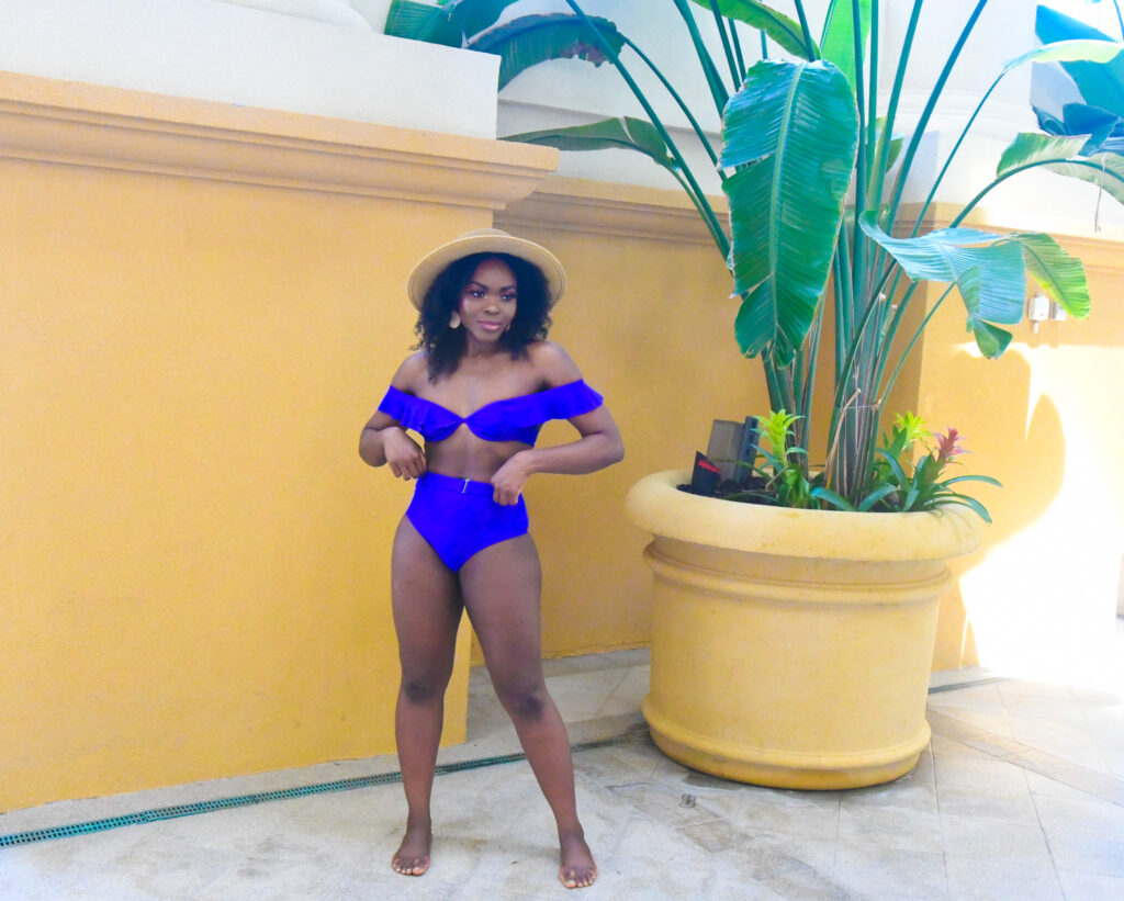 Befitting Style - Oyinkan Wearing Purple Matte Swim Bikini - Paradise Earrings